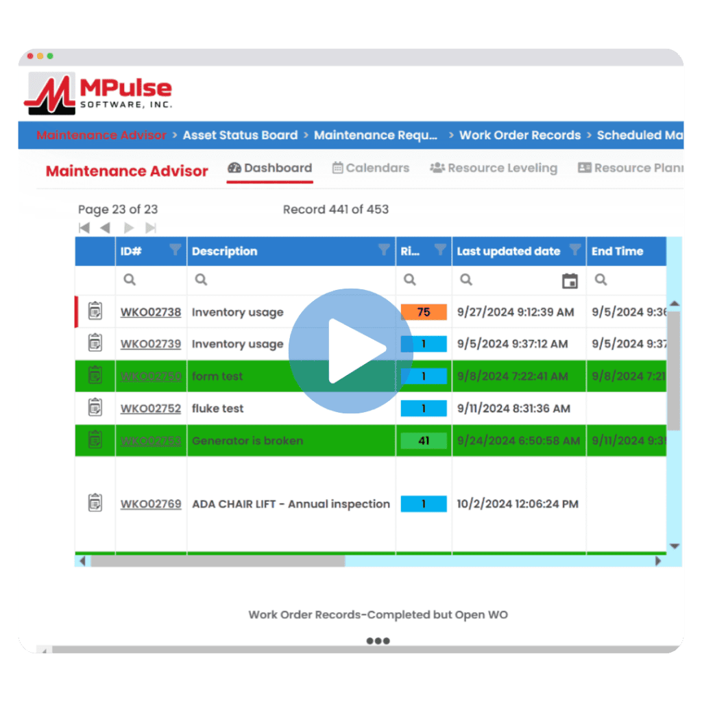 MPulse CMMS dashboard for manufacturing work order tracking and asset management
