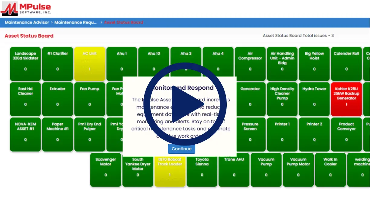 MPulse CMMS asset status board showing real-time equipment monitoring with color-coded status tiles for maintenance tracking