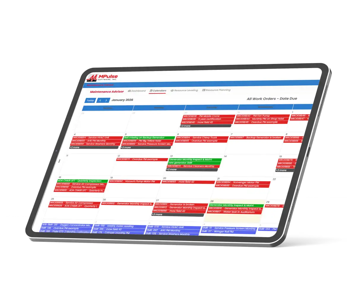 MPulse CMMS calendar view showing monthly maintenance scheduling with color-coded work orders, PM tasks, and inspections on a tablet