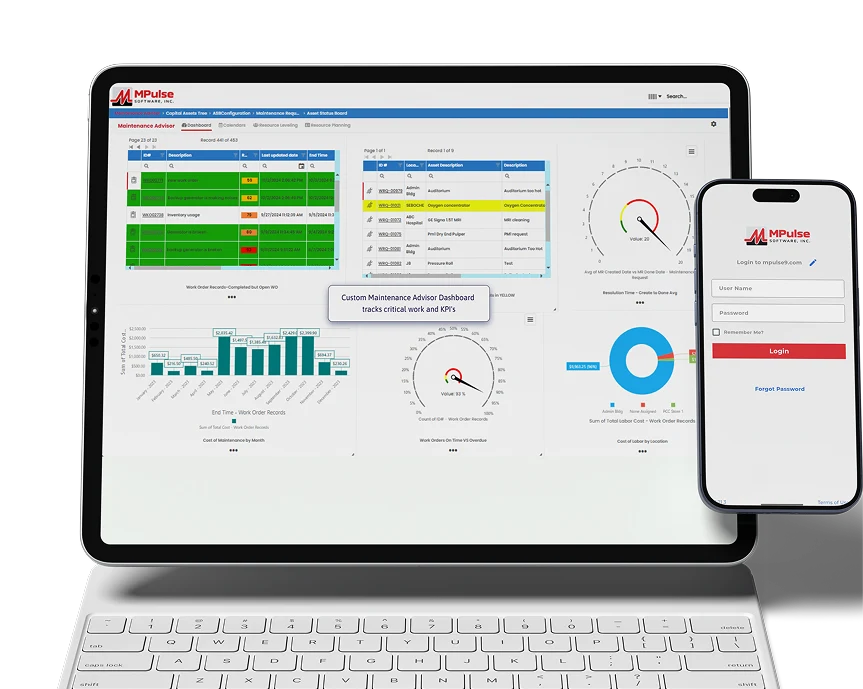MPulse CMMS software displayed on laptop and smartphone showing maintenance dashboard, KPI tracking, and mobile login