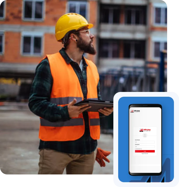 Maintenance professional at a job site with MPulse mobile CMMS login screen on a smartphone