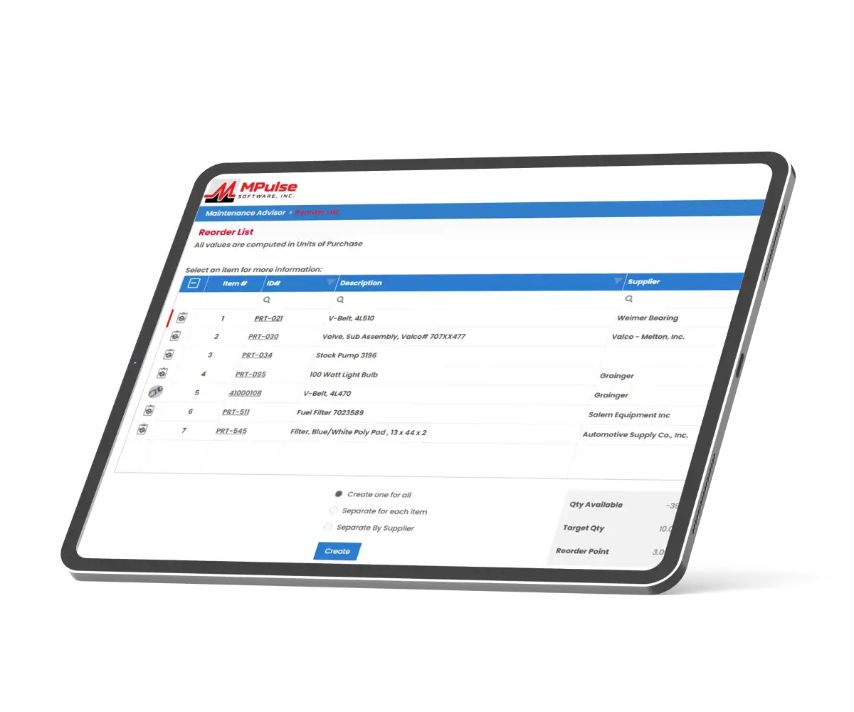 MPulse parts inventory software showing spare parts reorder list with item numbers, descriptions, suppliers, and reorder points on a tablet