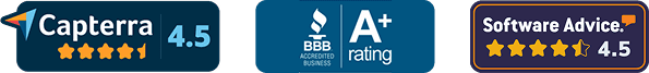 MPulse CMMS software review badges featuring Capterra, Software Advice, and BBB A+ ratings