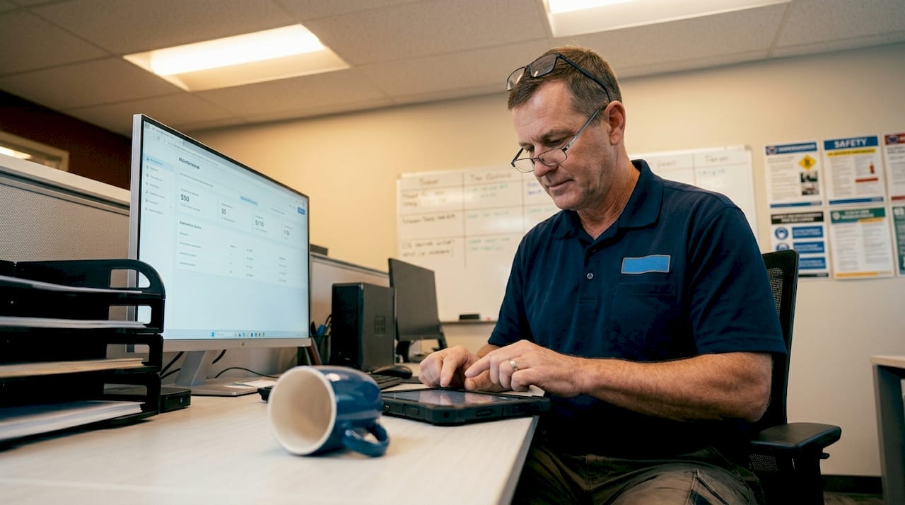 Technician updating digital work order in office