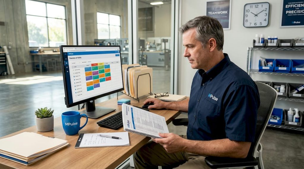 Facility manager reviewing shift schedule at desk