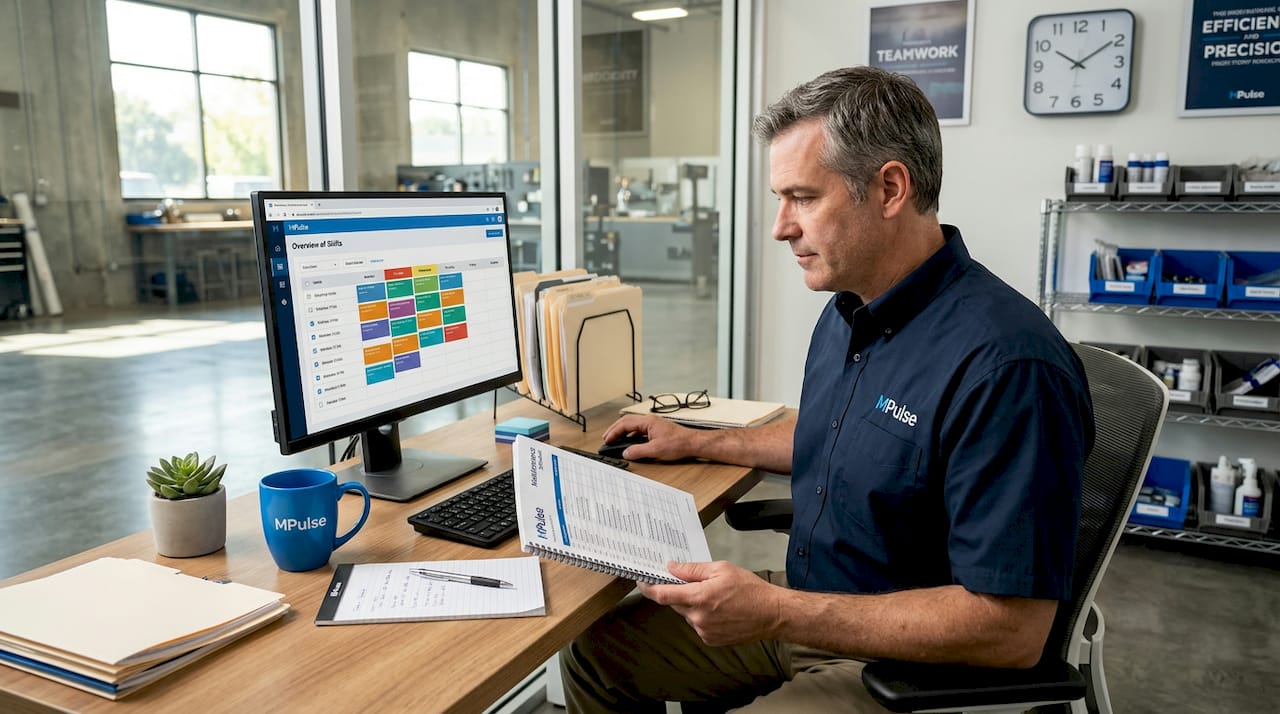 Facility manager reviewing shift schedule at desk