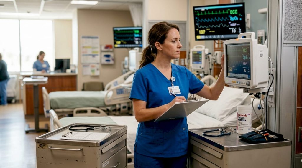 Technician inspecting hospital patient monitor