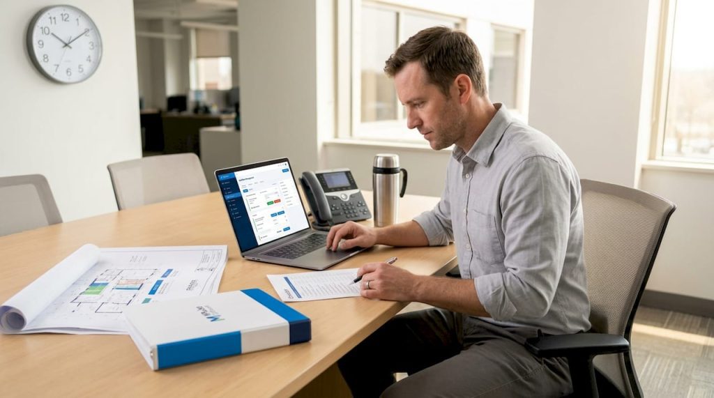 Coordinator checking work orders at office table