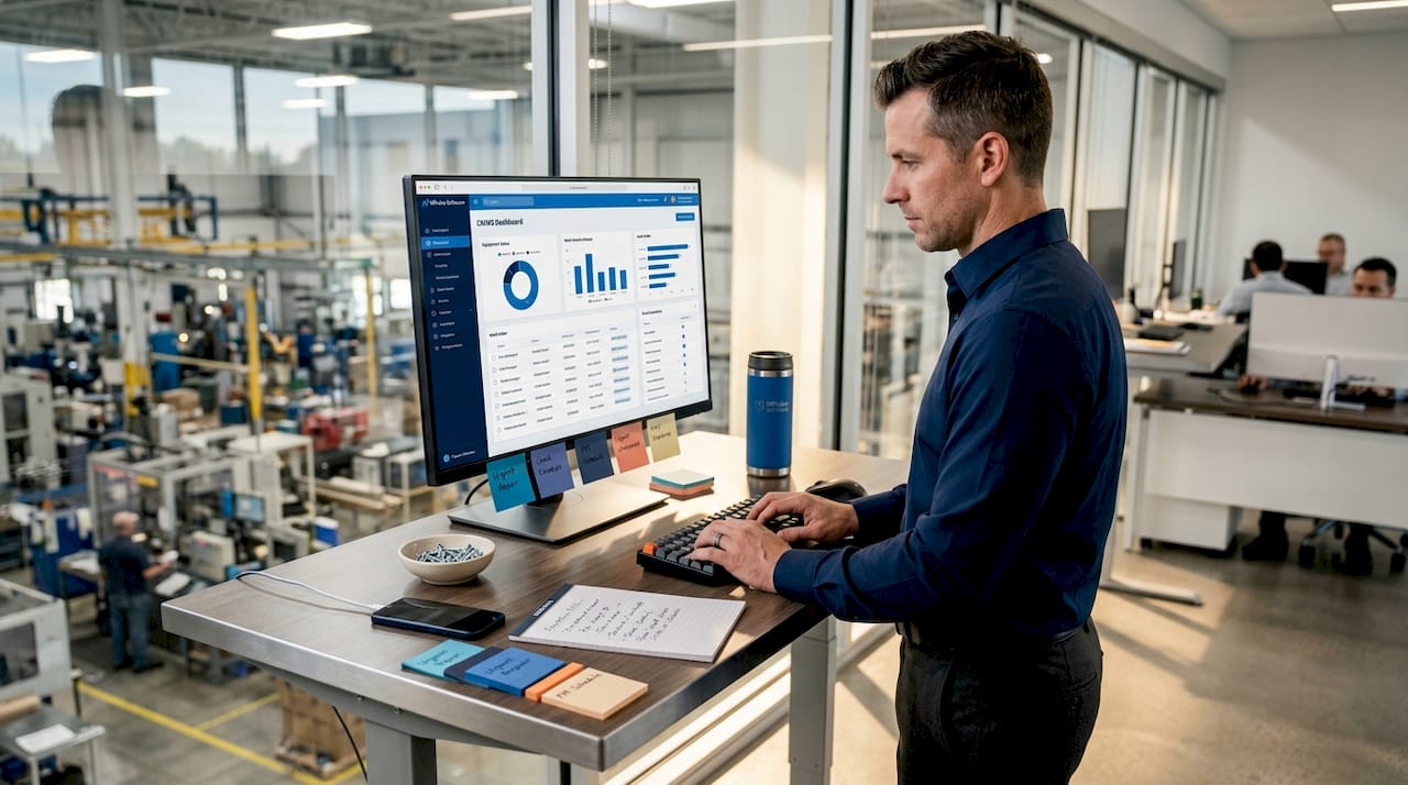 Maintenance manager working with CMMS and ERP in office