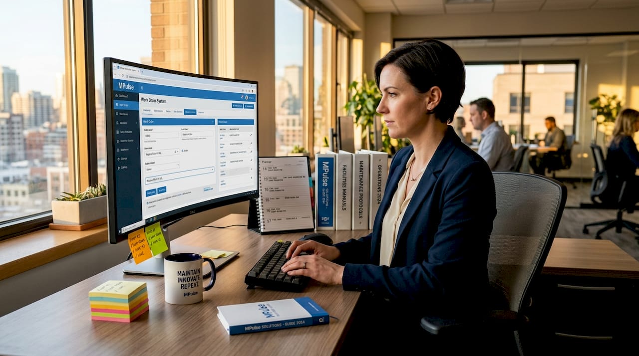 Facilities manager entering data in office digital system