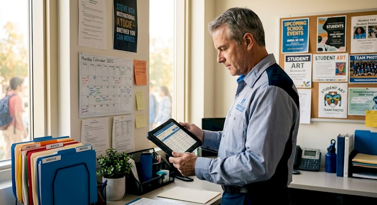 Facilities manager reviews digital school work orders