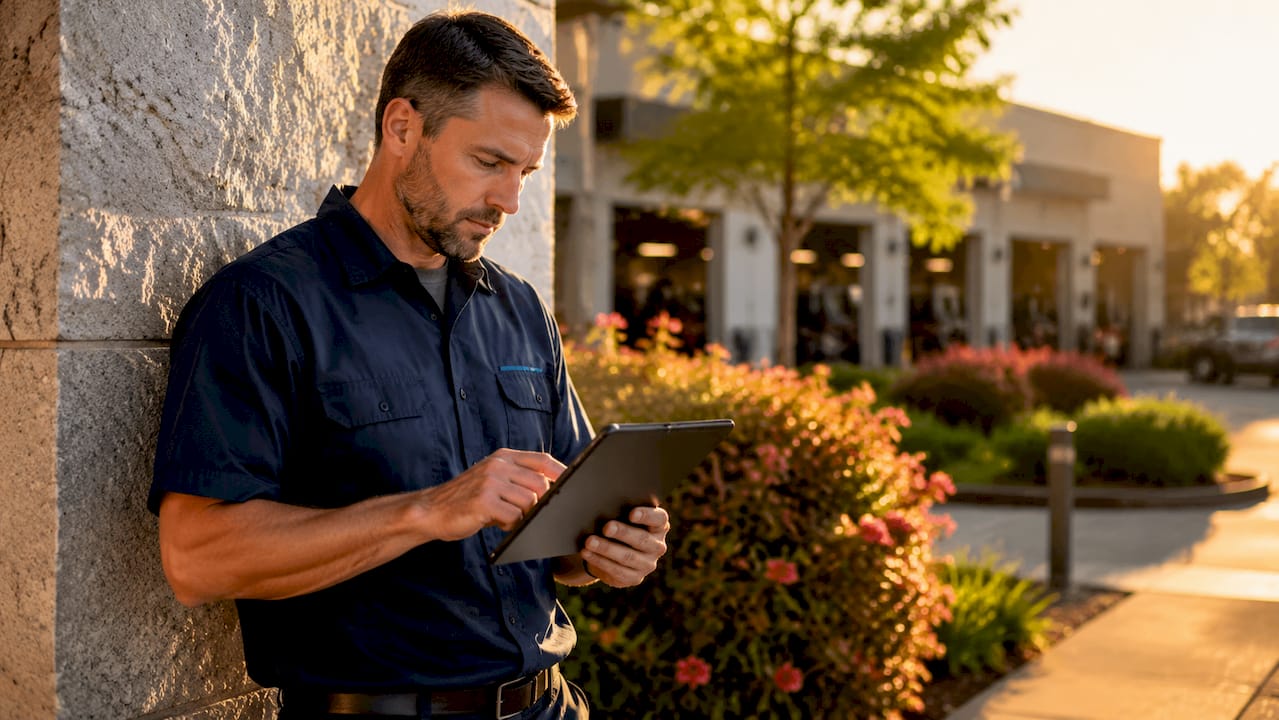 Technician using tablet in service office