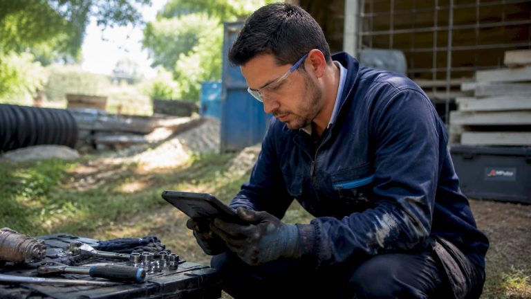Technician using mobile device at construction site