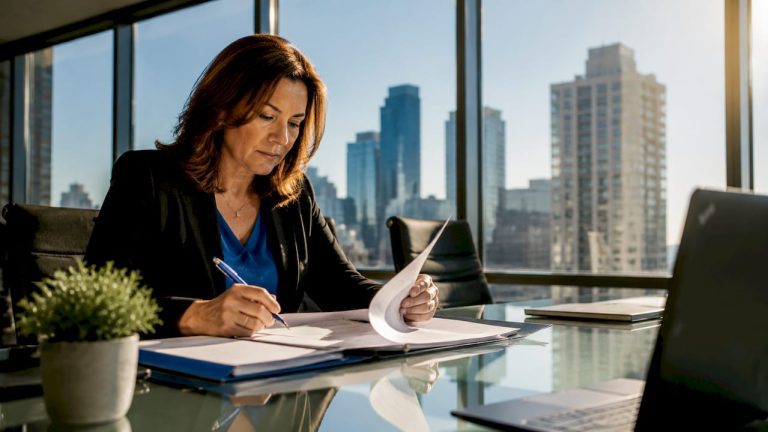 Facility manager reading maintenance contracts at desk
