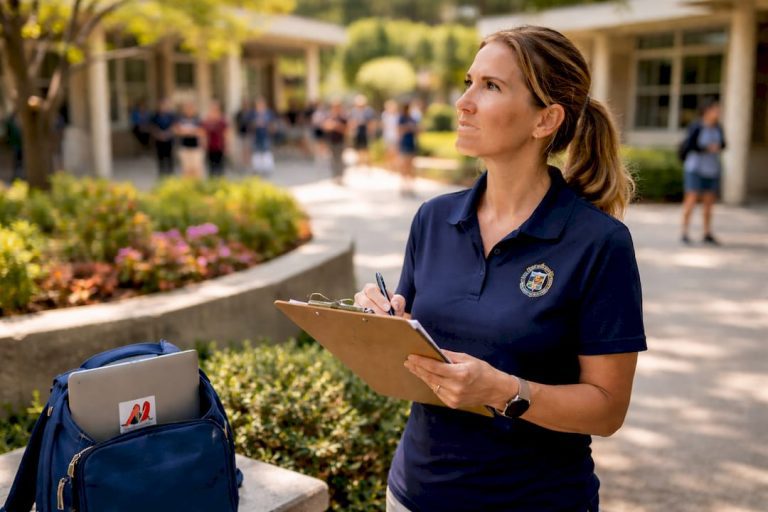 Facilities manager inspecting school hallway environment