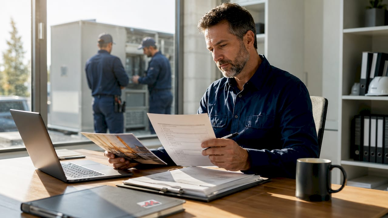 Facility manager reviewing subcontractor documents