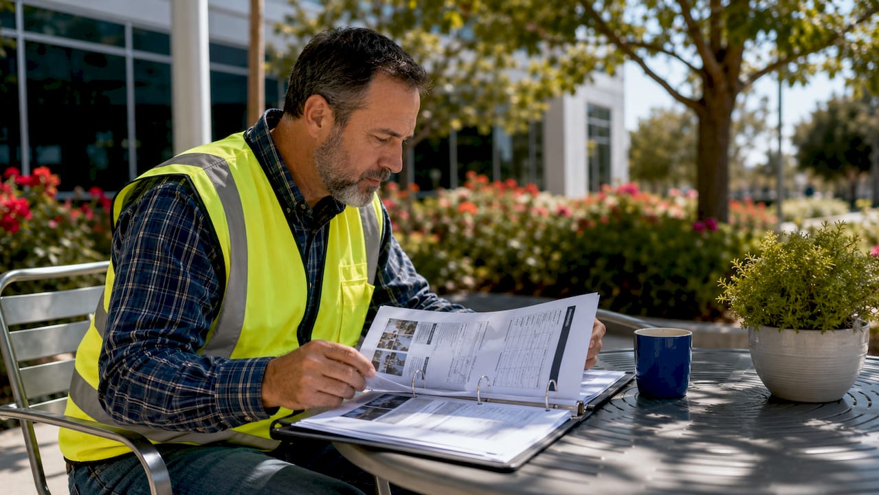Facility manager reviewing maintenance schedule documents