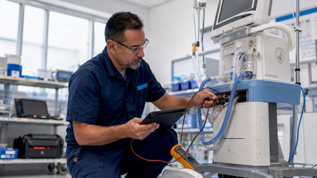 Technician inspecting ventilator in hospital room