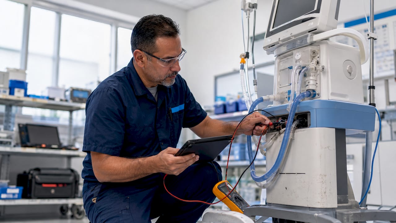 Technician inspecting ventilator in hospital room