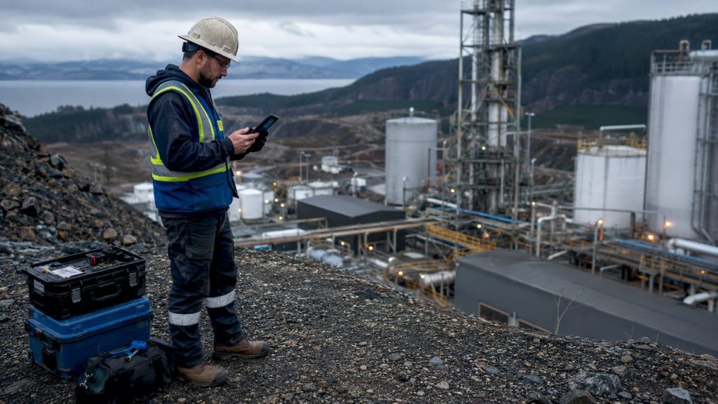 Field technician using mobile CMMS device outdoors