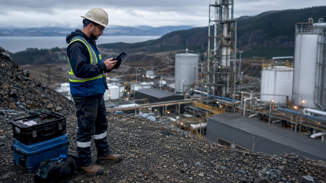 Field technician using mobile CMMS device outdoors