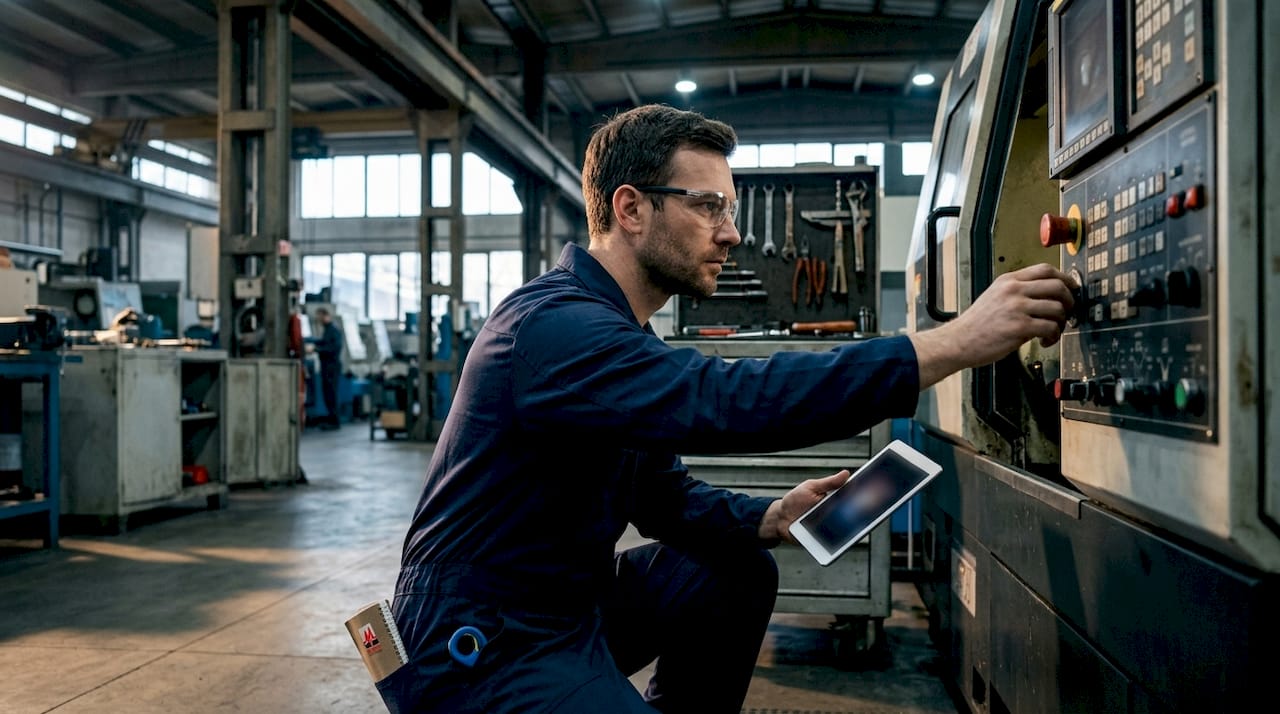 Technician inspecting machine in manufacturing plant