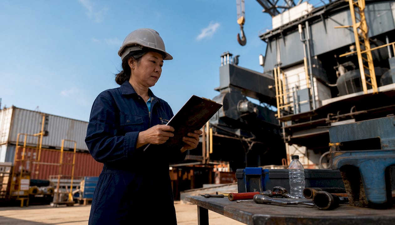 Woman reviewing maintenance checklist in factory