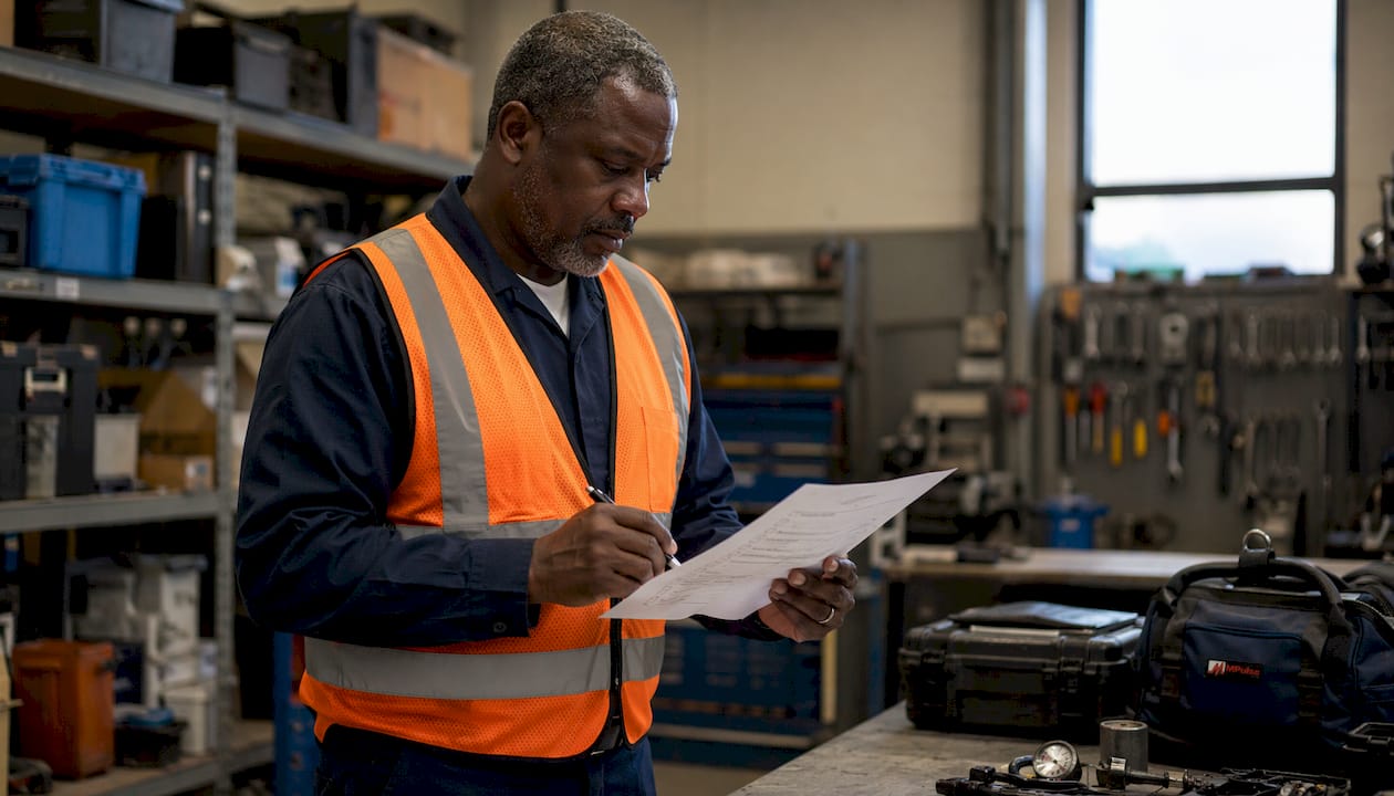 Facility manager checking preventive maintenance list in office