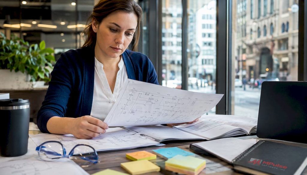 Engineer reviewing maintenance integration schematics