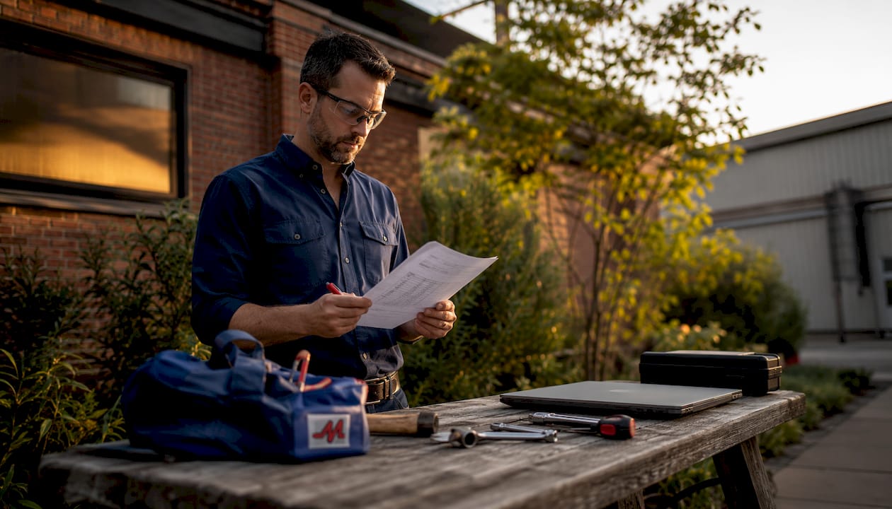 Maintenance manager reviewing audit report in factory