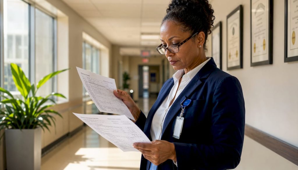 Hospital safety officer reviewing patient checklist