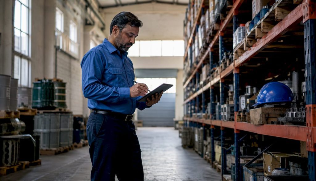 Engineer recording machine downtime data on tablet