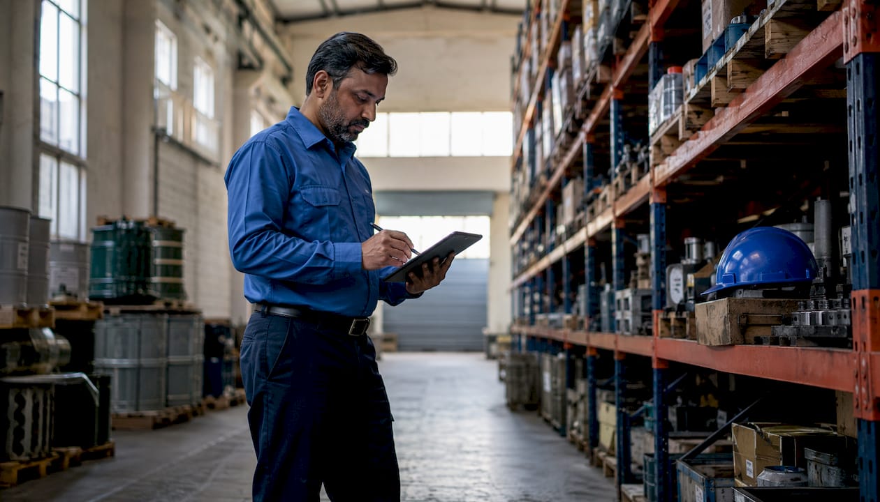 Engineer recording machine downtime data on tablet