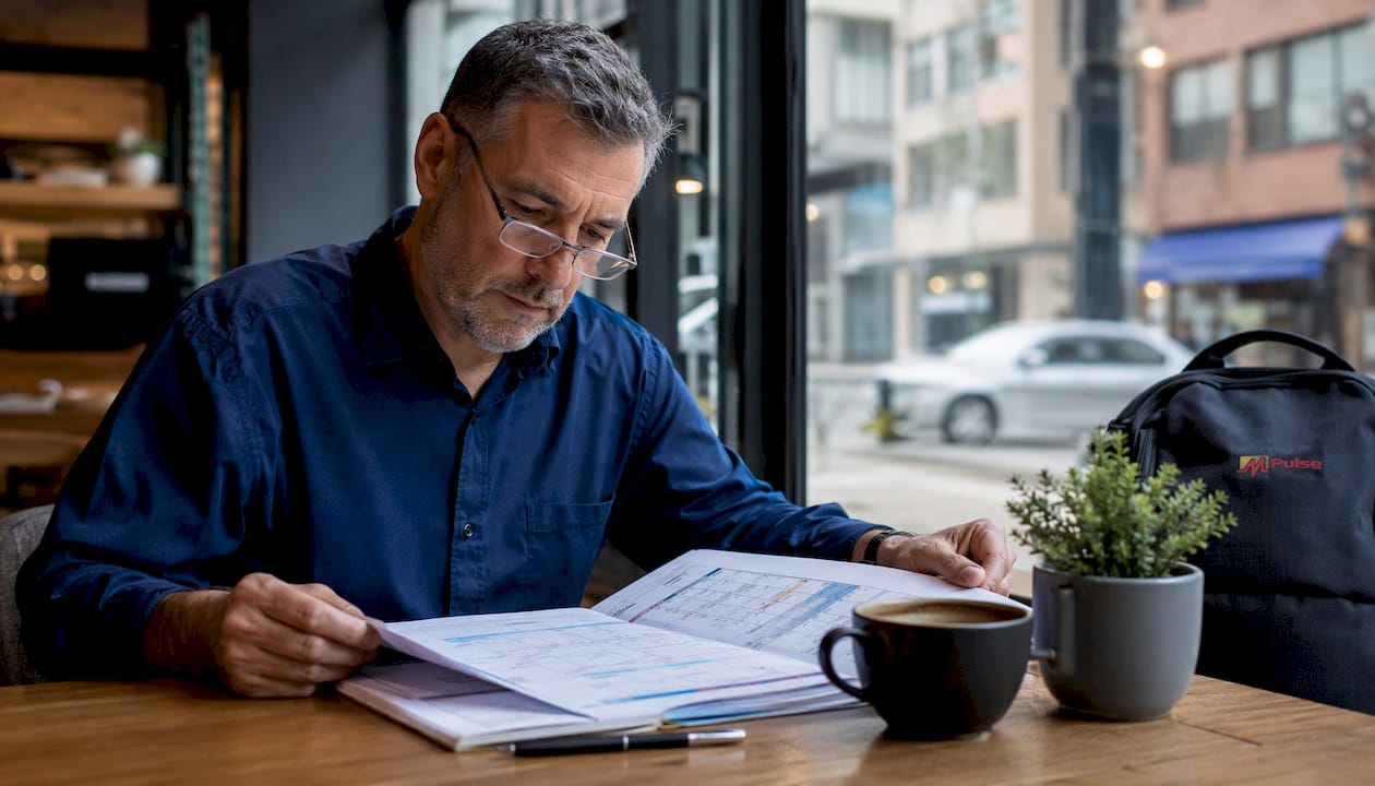 Maintenance manager reviewing service plan document