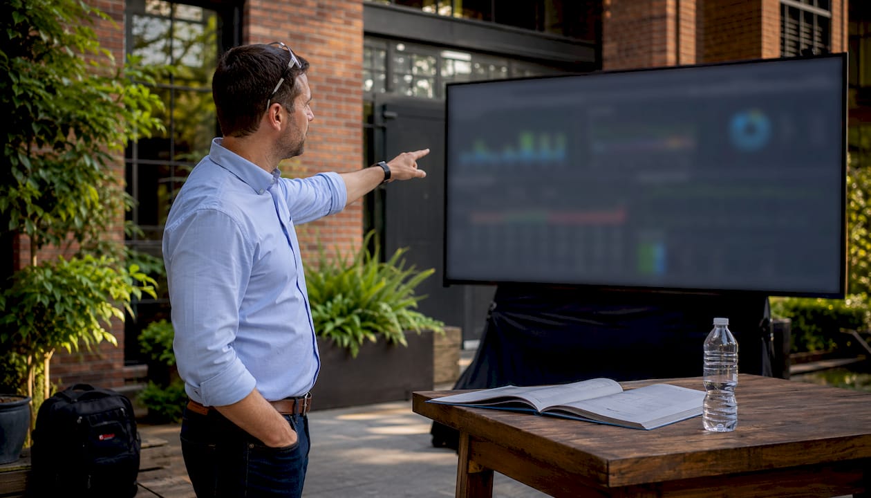 Maintenance manager pointing at monitors with dashboards