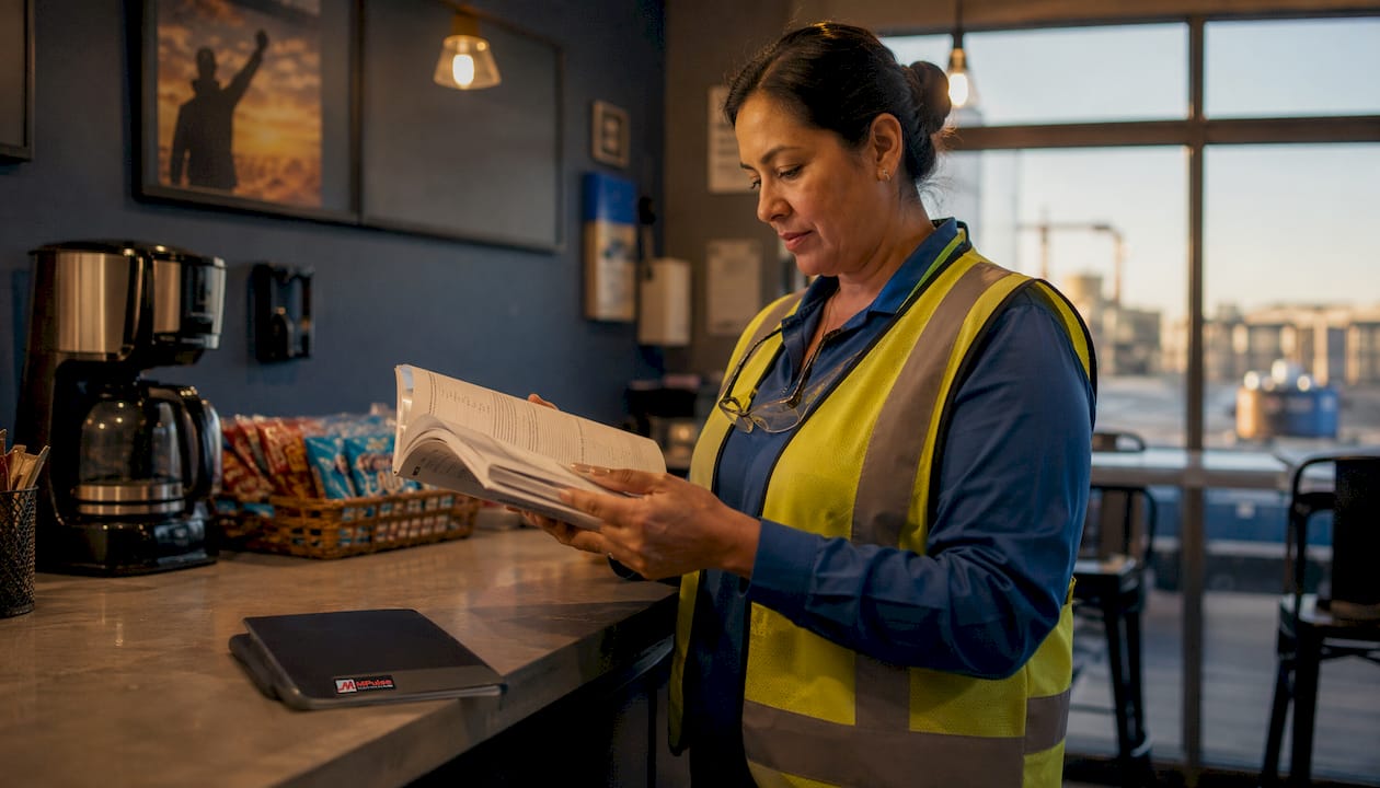 Facility manager reviewing maintenance documentation
