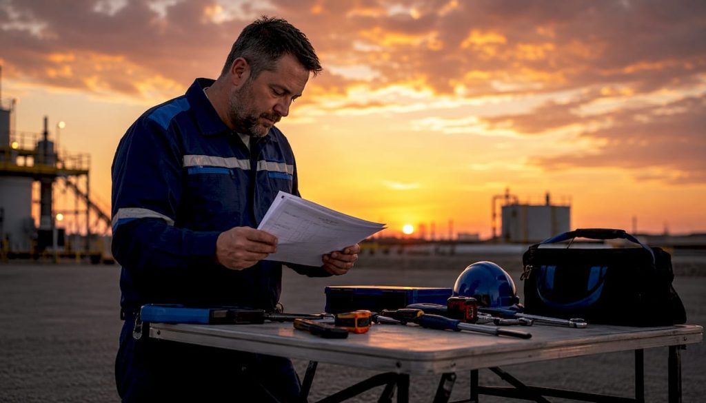 Technician reviewing maintenance logs at control desk