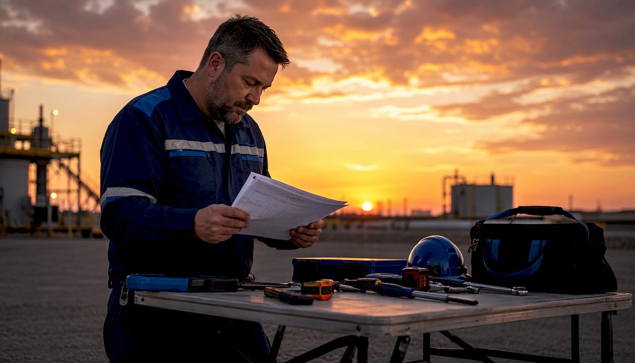 Technician reviewing maintenance logs at control desk