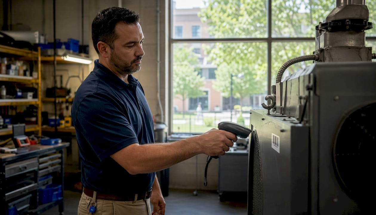 Technician scanning asset tag in campus utility hallway
