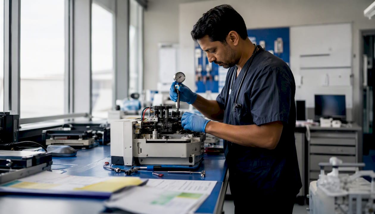 Technician inspecting medical equipment component