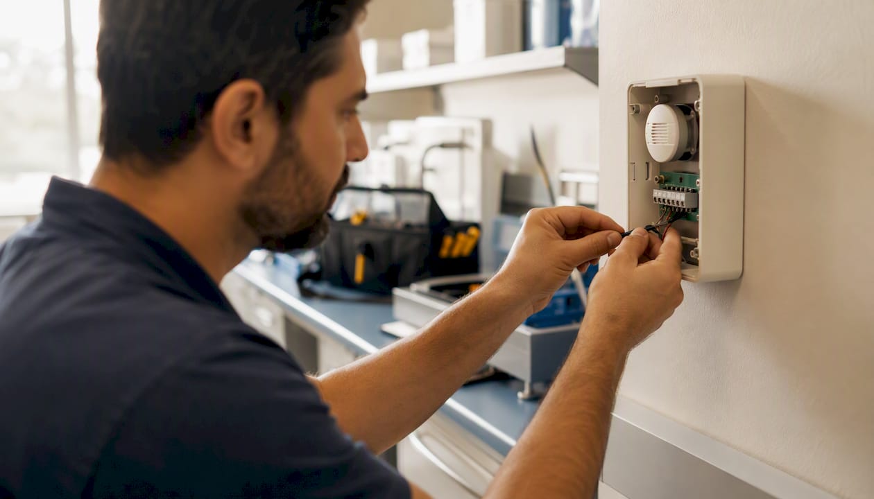 Technician adjusting healthcare sensor device wiring
