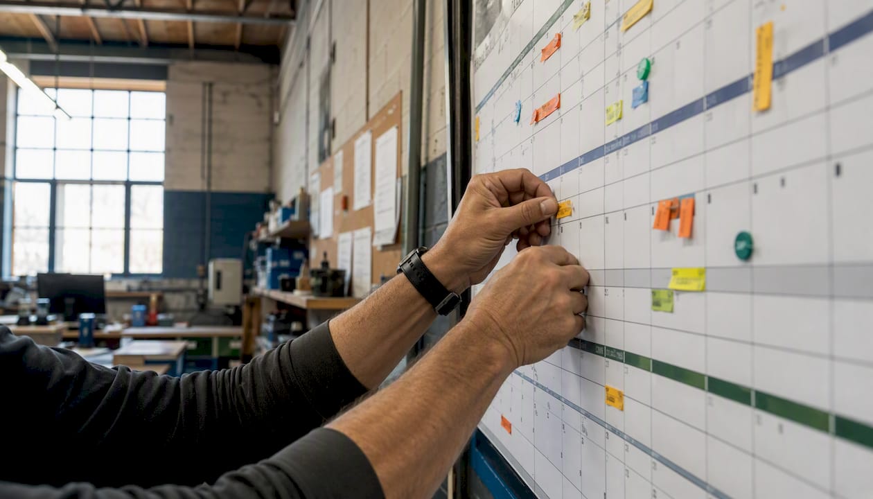 Hands tagging an academic maintenance calendar