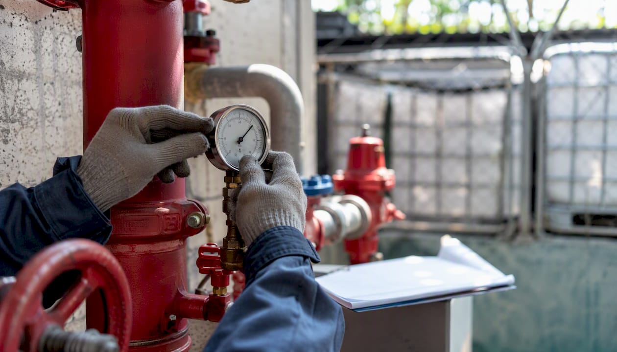 Technician checking fire sprinkler pressure gauge