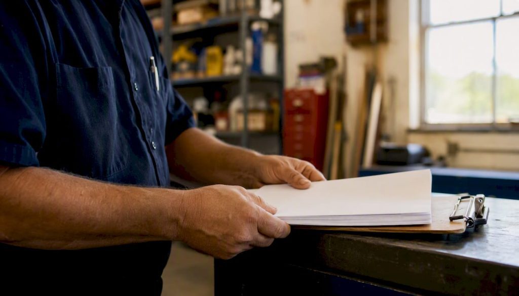 Hands organizing maintenance work orders on clipboard