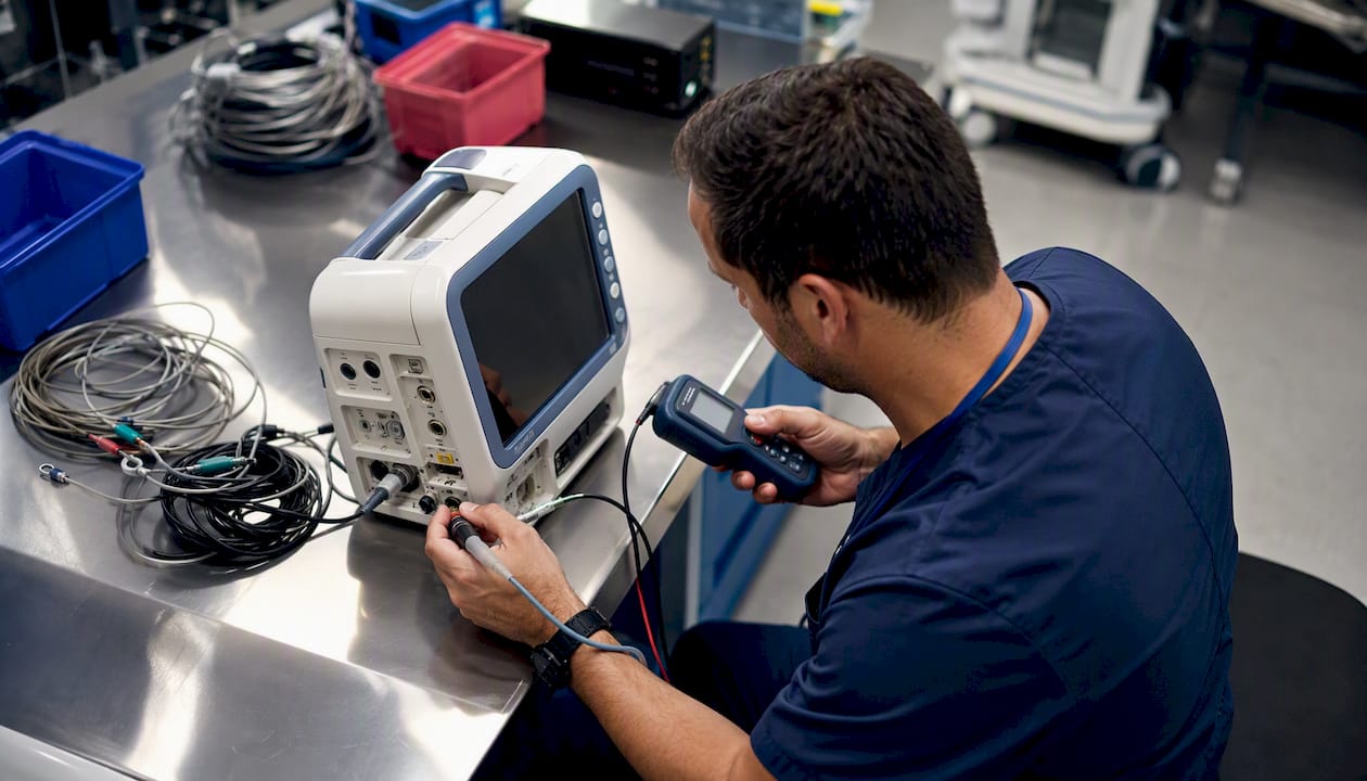 Biomedical technician inspecting medical device
