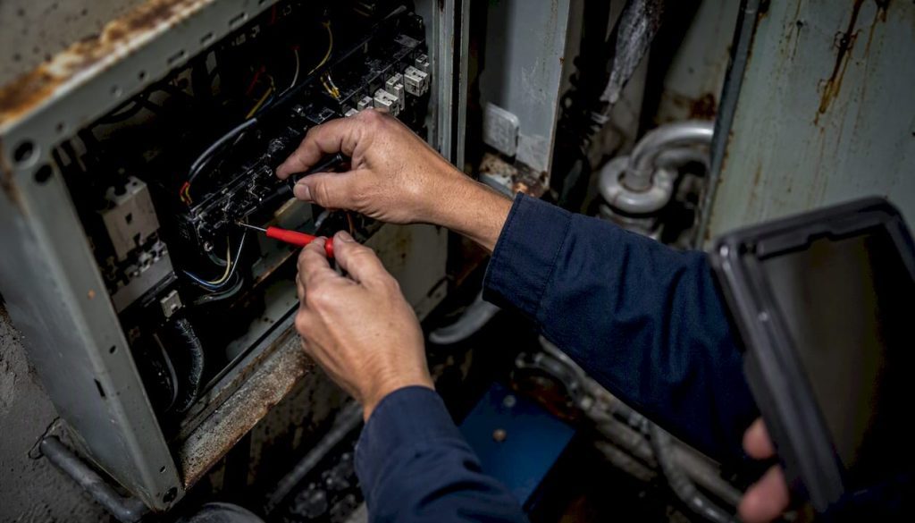 Hands inspecting electrical panel terminals