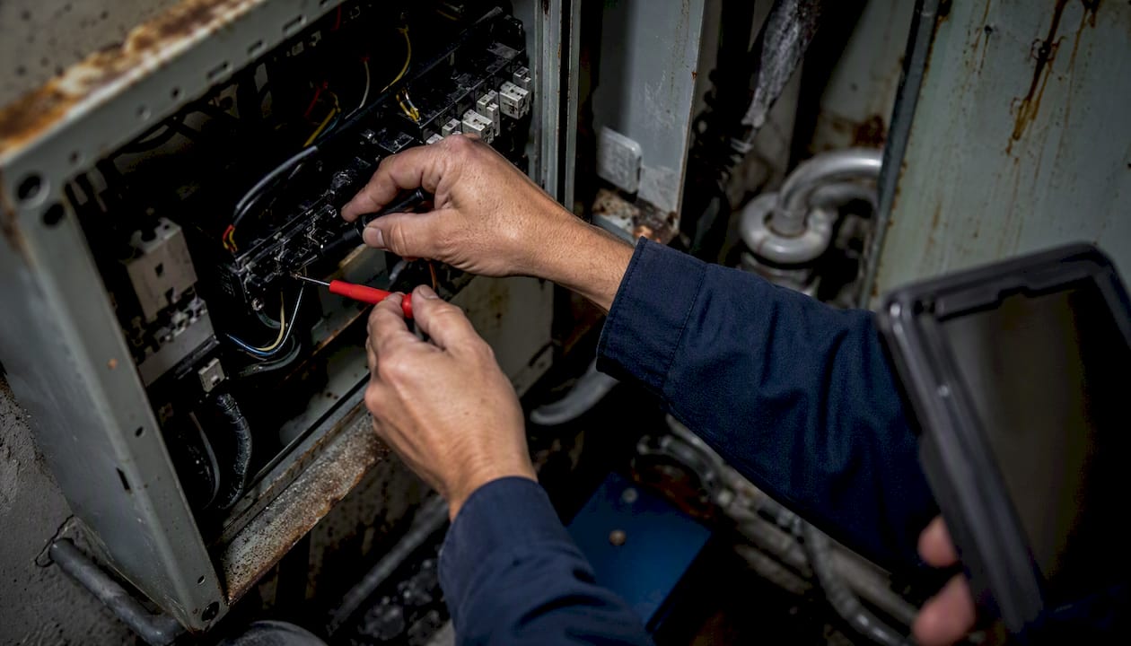 Hands inspecting electrical panel terminals