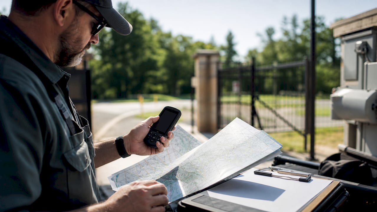 Technician planning maintenance routes outdoors