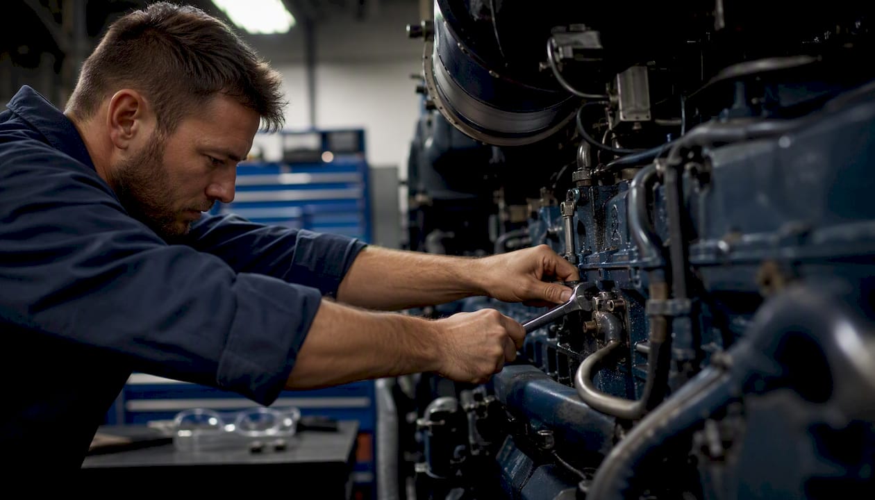 Hands performing maintenance on emergency generator