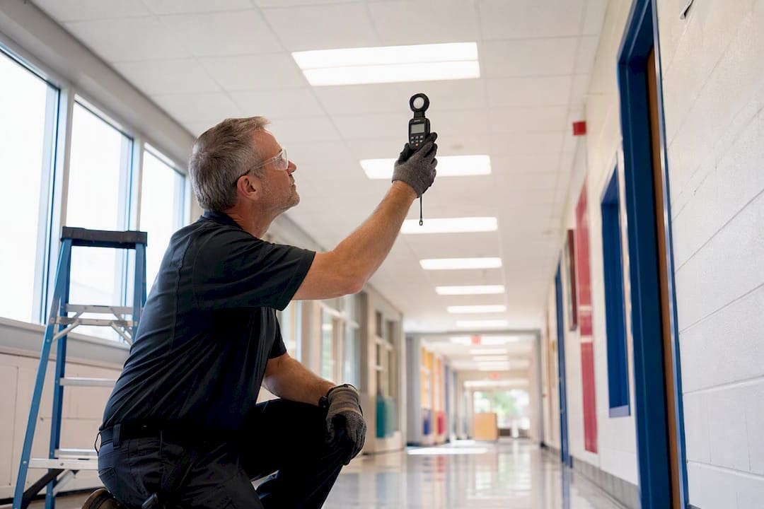 Facility manager measuring school LED lighting